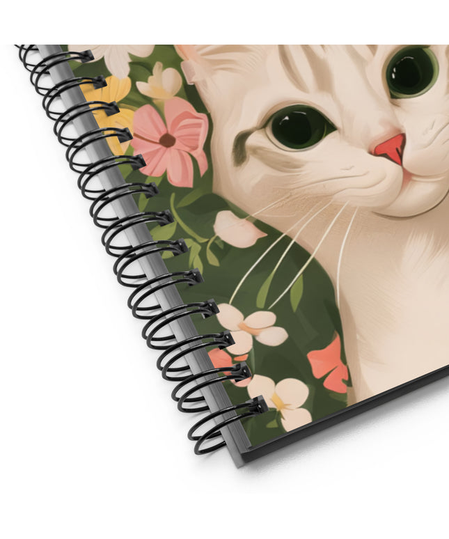 White Cat and Flowers, Spiral Notebook Writing Journal, 140 DOTTED pages