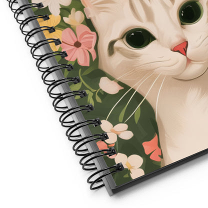White Cat and Flowers, Spiral Notebook Writing Journal, 140 DOTTED pages